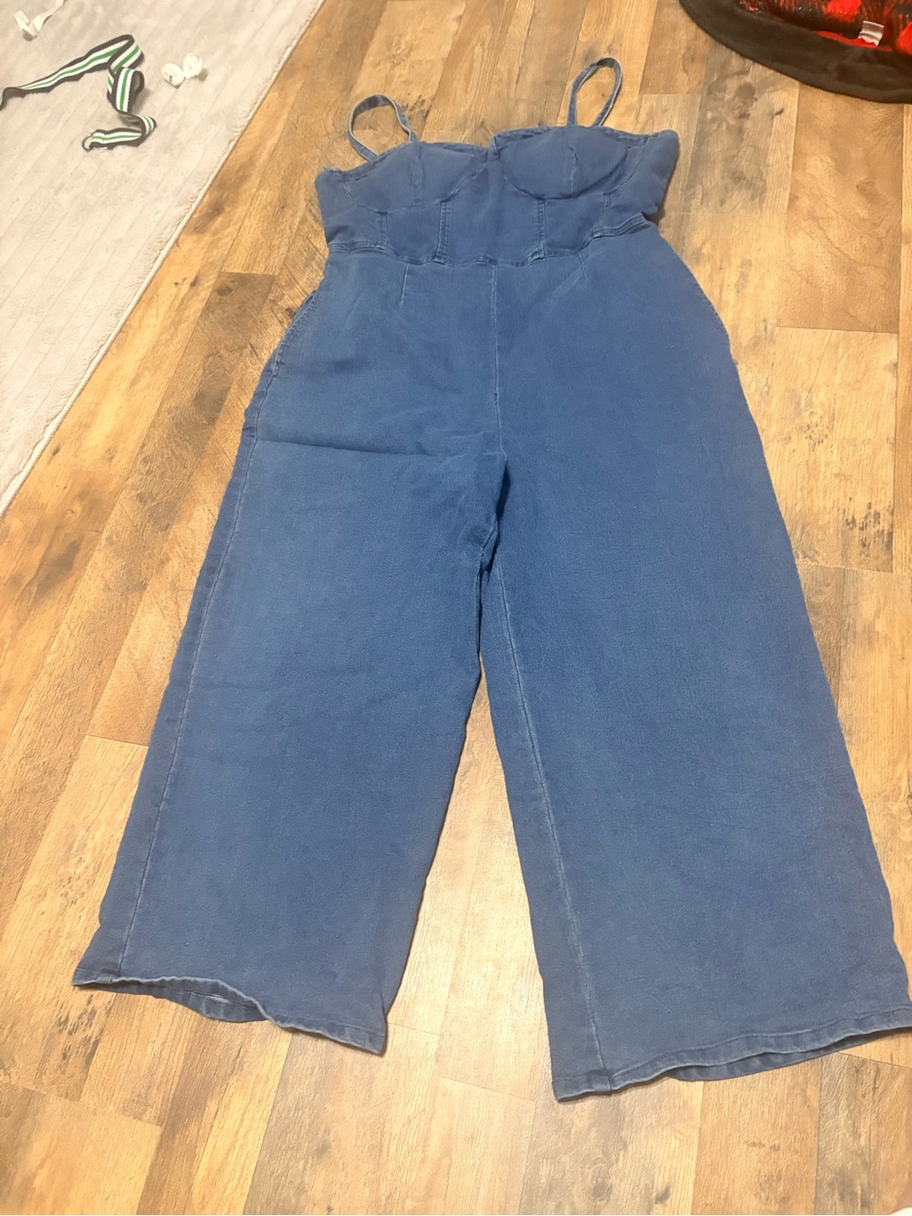 Derek Heart Denim Bustier Wide Leg Jumpsuit Size L Blue Y2K